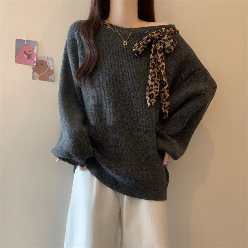 Women's American-style Vintage Leopard Print Off-shoulder Sweater