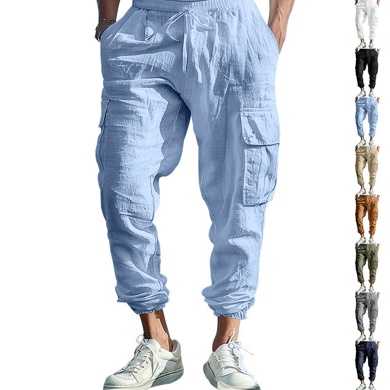 Mens Casual Cotton-Linen Pants With Multiple Pockets And A Drawstring