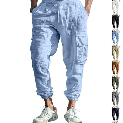 Mens Casual Cotton-Linen Pants With Multiple Pockets And A Drawstring