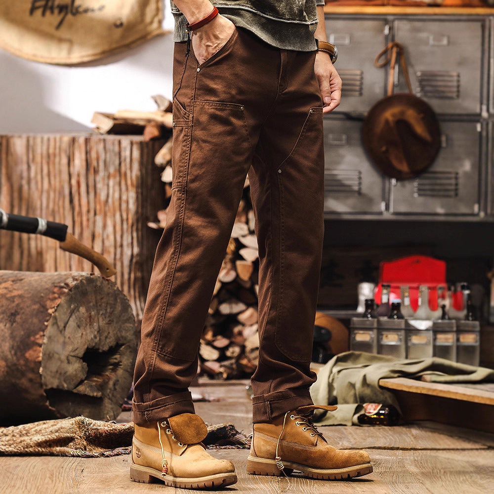 Retro Coffee-colored Denim Straight-leg Casual Trousers