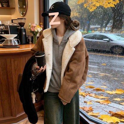 Fleece-lined Thick Lapel Short Lamb Wool Padded Jacket