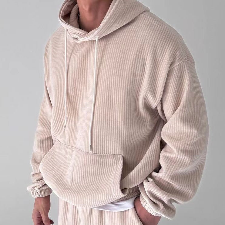 Men's Leisure Corduroy Solid Color Hooded Big Pocket Sweatshirt