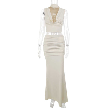 Sleeveless Stacked Neckline Women's Top With Fashionable Pleated Long Skirt Two-piece Set