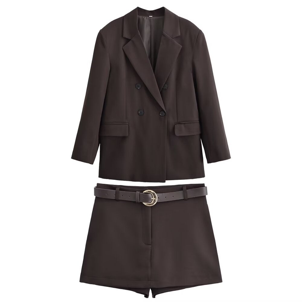 Autumn New Double-breasted Retro Women's Suit Metal Buckle Belt Culottes