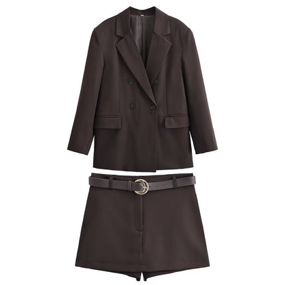 Autumn New Double-breasted Retro Women's Suit Metal Buckle Belt Culottes
