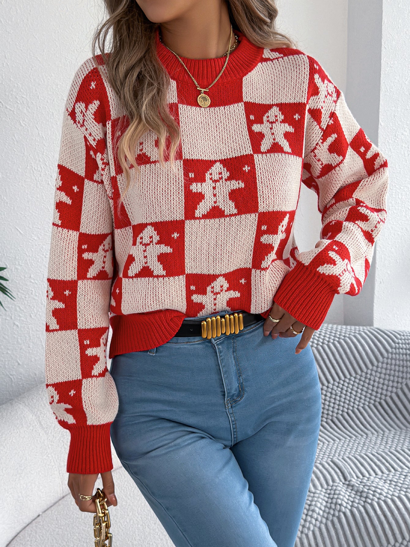 Snowflake Plaid Lantern Sleeve Pullover Sweater