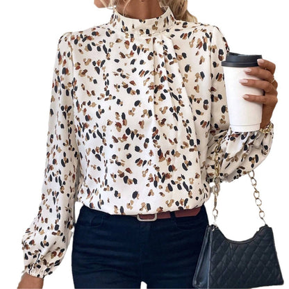 Printed Stand Collar All-matching Long Sleeve Top Women