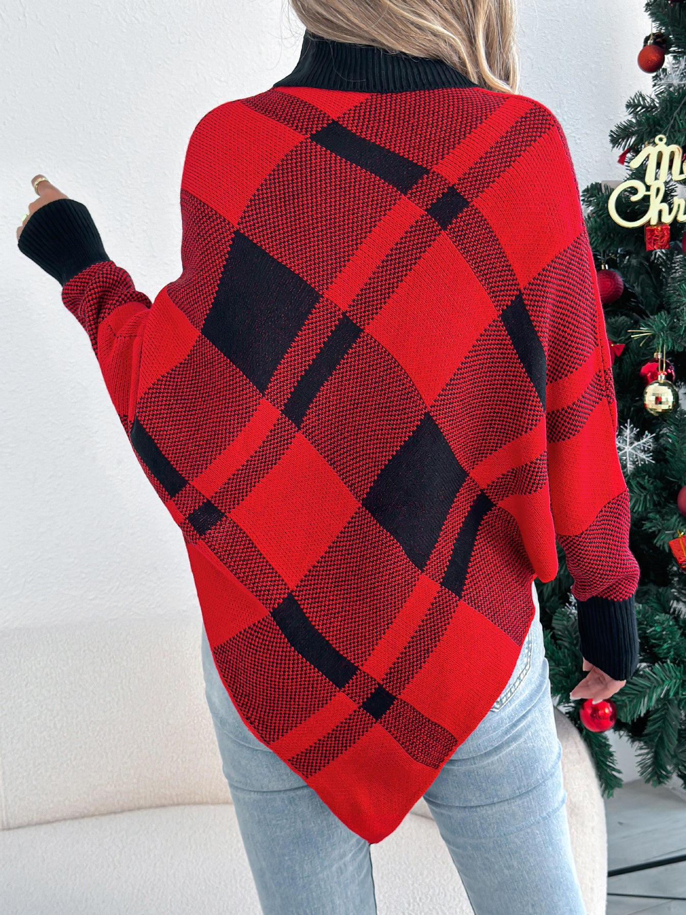 Casual Color Block Plaid High Neck Long Sleeve Poncho Sweater