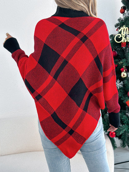 Casual Color Block Plaid High Neck Long Sleeve Poncho Sweater