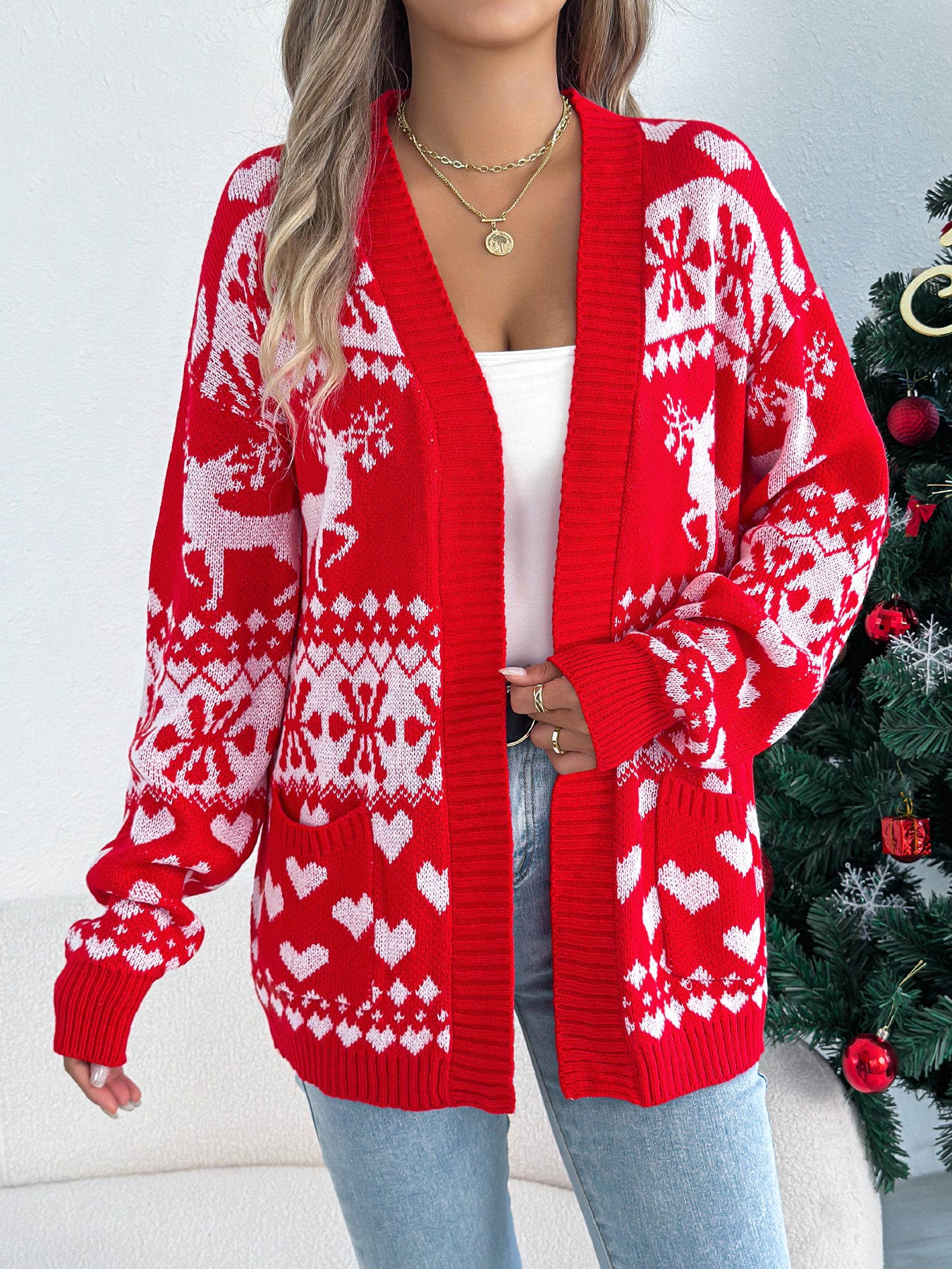 Christmas Deer Pocket Long Sleeve Cardigan Sweater Coat