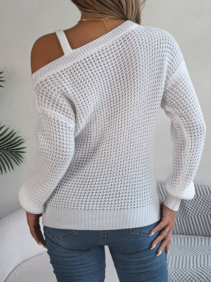 Casual Metal Button Color Block Off-Shoulder Lantern Sleeve Pullover Sweater