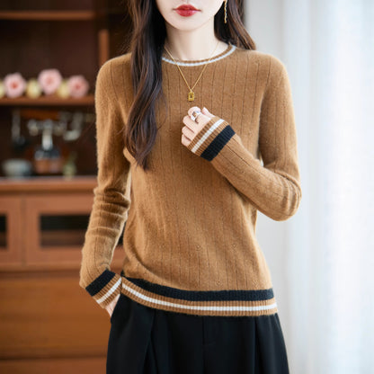One-line Color-blocked Wool Sweater Women's Round Neck Trendy Design Loose
