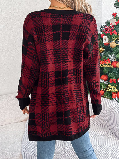 Casual Color Block Plaid Pocket Long Sleeve Cardigan Sweater Coat