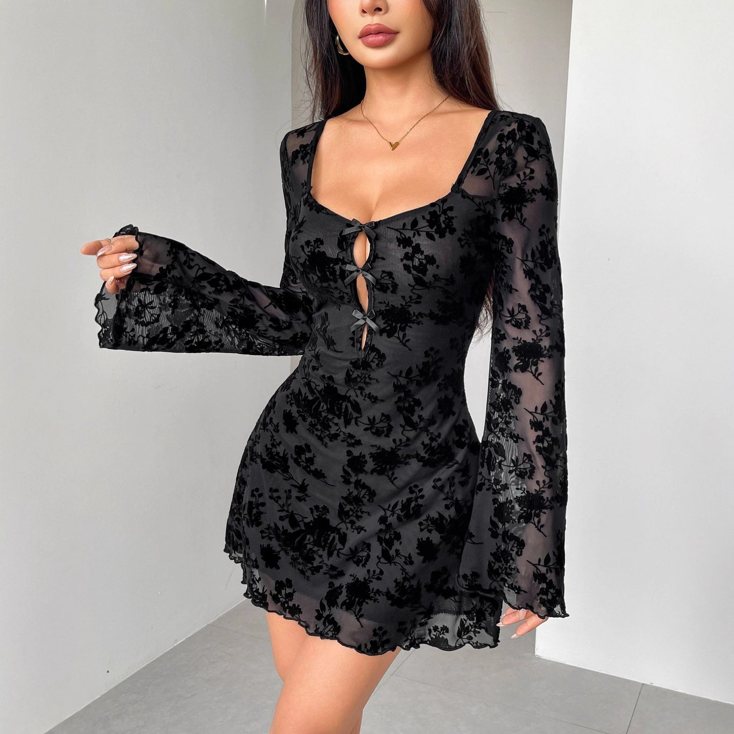 Women's Flocking Long Sleeve Floral Hollow Bow Dress