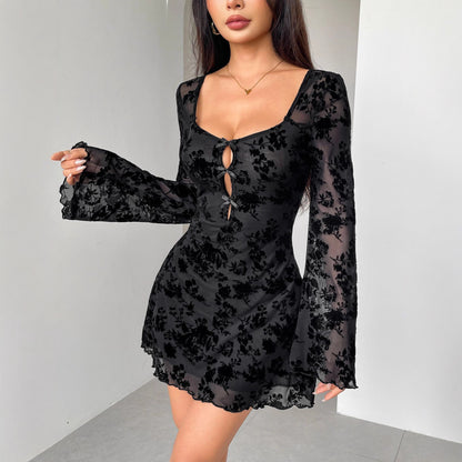 Women's Flocking Long Sleeve Floral Hollow Bow Dress