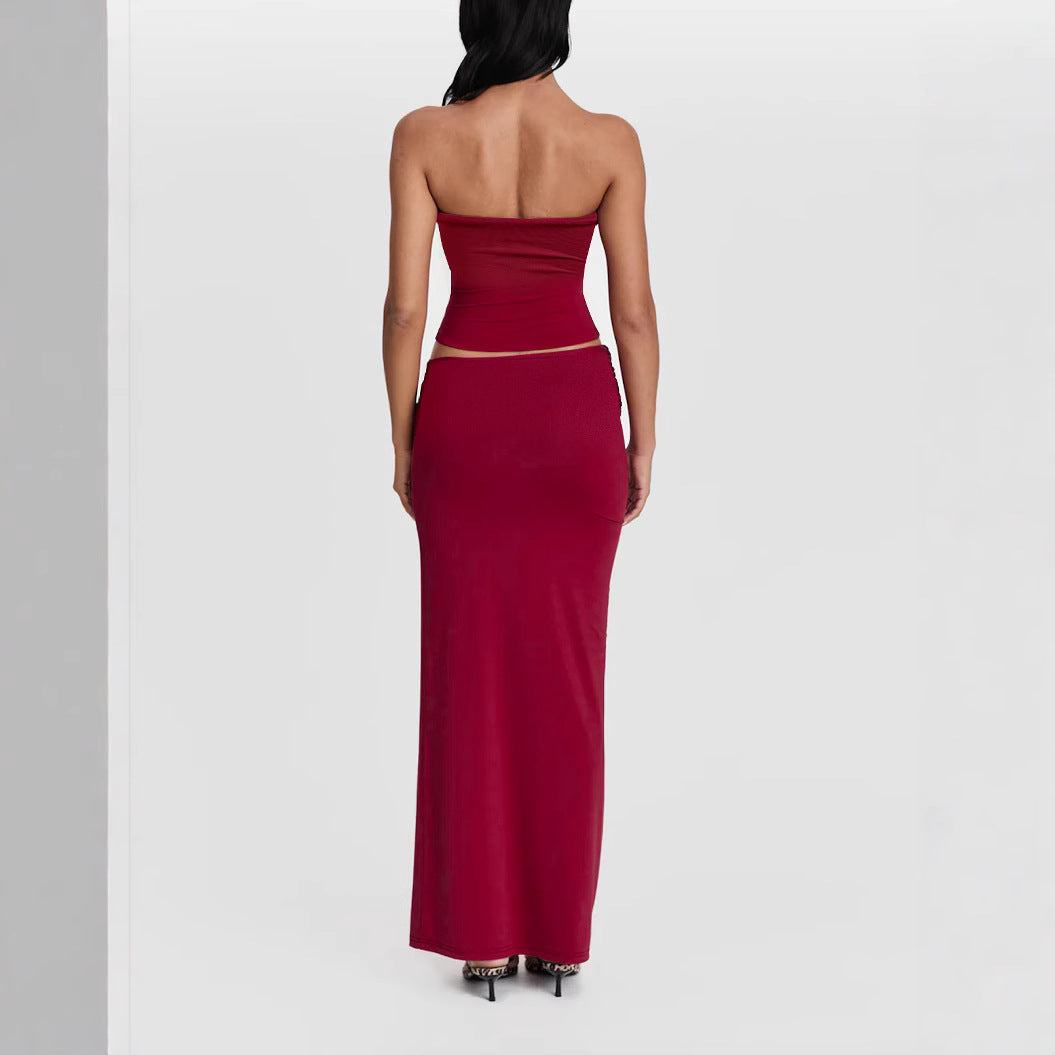 Women's Sexy Strapless Long Dress Slim Two-piece Set
