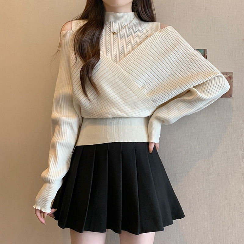 Spliced Long-sleeved Off-shoulder Knitted Slim-fit Semi-high Neck Sweater