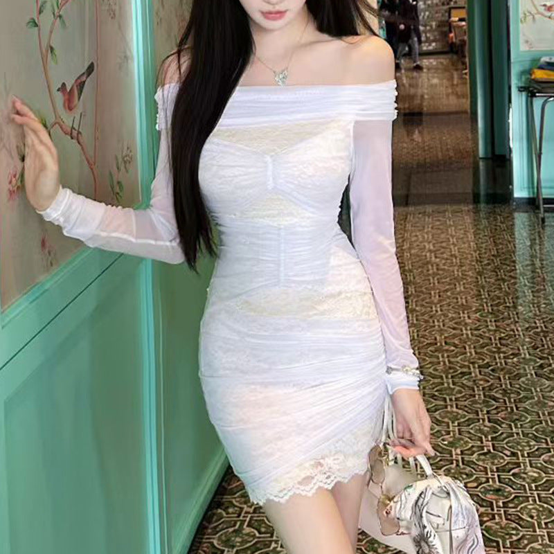 Off-shoulder Design Slim-fit Solid Color Dress