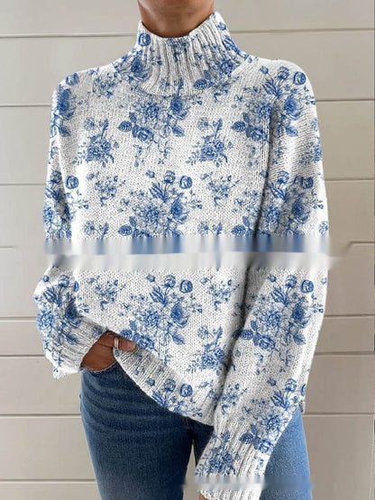 Abstract Printing Casual Cloak Turtleneck Pullover Women