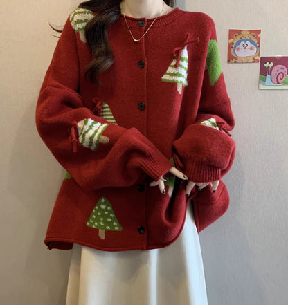 Women's Simple And Versatile Christmas Tree Red Sweater Coat