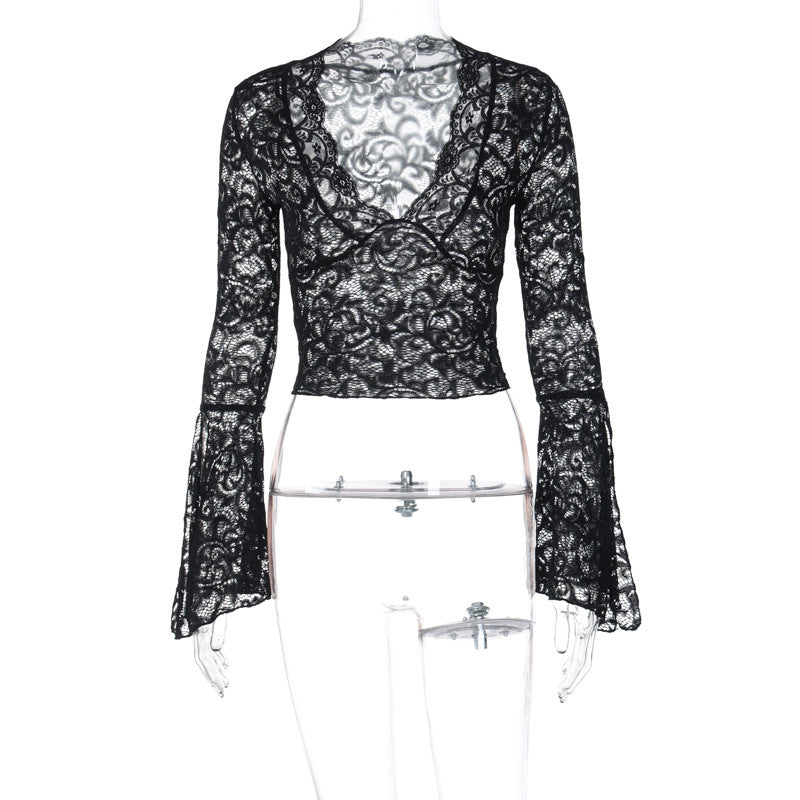 Sexy Deep V Neck Slim Fit Cropped Long Sleeve Blouse With Lace Trim - Floral Print Women's Tops For Fashionable Outfits