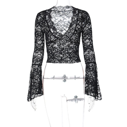 Sexy Deep V Neck Slim Fit Cropped Long Sleeve Blouse With Lace Trim - Floral Print Women's Tops For Fashionable Outfits