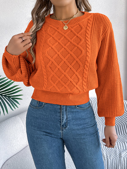 Solid Color Cable Knit Lantern Sleeve Cinched Pullover Sweater