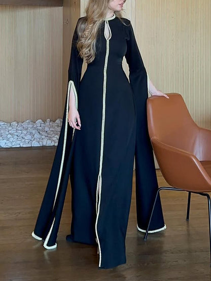 Black Maxi Dress With Pearl Trim And Cape Sleeves