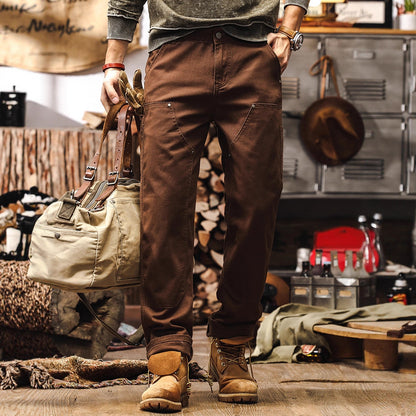 Retro Coffee-colored Denim Straight-leg Casual Trousers