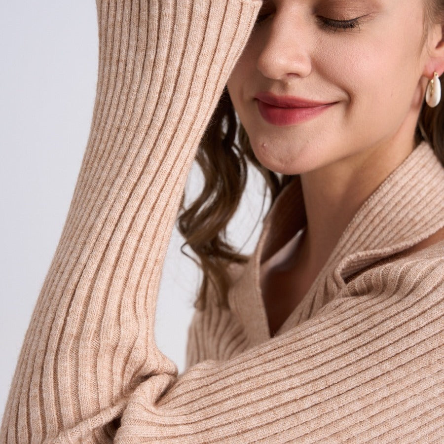 V-neck Cable Knit Sweater Turtleneck Ribbed Long-sleeve Top For Women