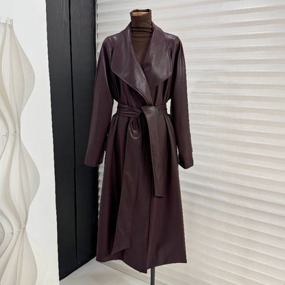 Lapel Mid-length Leather Coat Women
