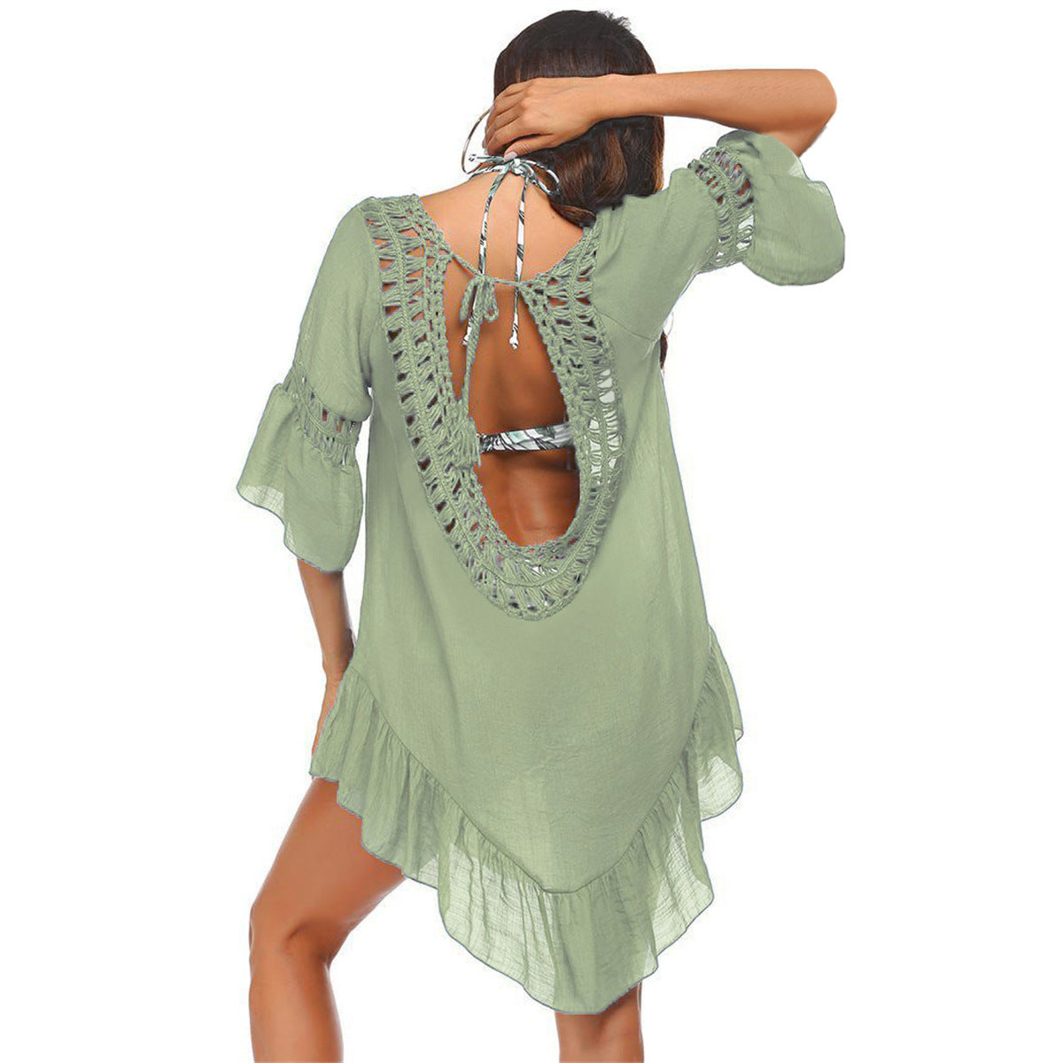 Hand Crocheting Stitching Smock Dress Beach Cover-up Slub Cotton Crochet