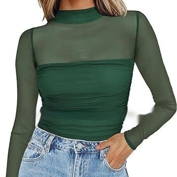 Pure Color Half Collar Mesh Stitching Sexy Top