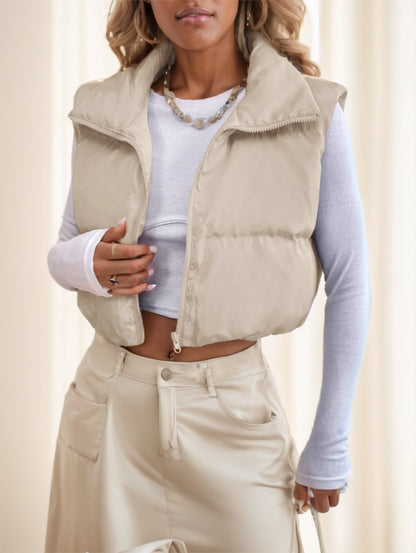 Zipper Front Casual Vest Khaki Winter Coat