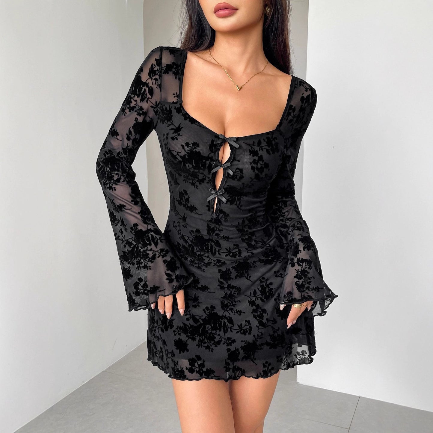 Women's Flocking Long Sleeve Floral Hollow Bow Dress