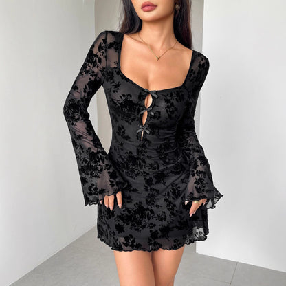 Women's Flocking Long Sleeve Floral Hollow Bow Dress