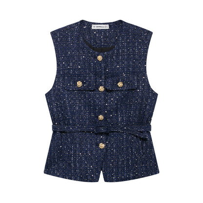 Spring New Casual Belt Vest Women's Clothing With Belt Texture Vest