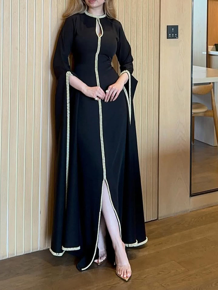 Black Maxi Dress With Pearl Trim And Cape Sleeves