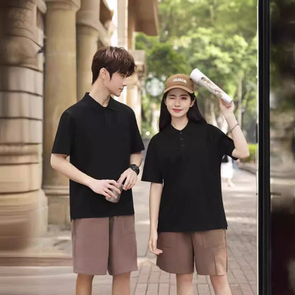 Solid Color Polo Collar Polo Shirt Hong Kong Style Loose Short Sleeve