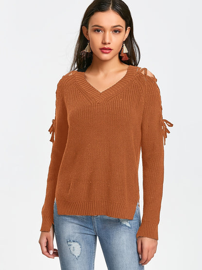 Hollow Knit Sweater Women Long Sleeve Tie Loose V-neck