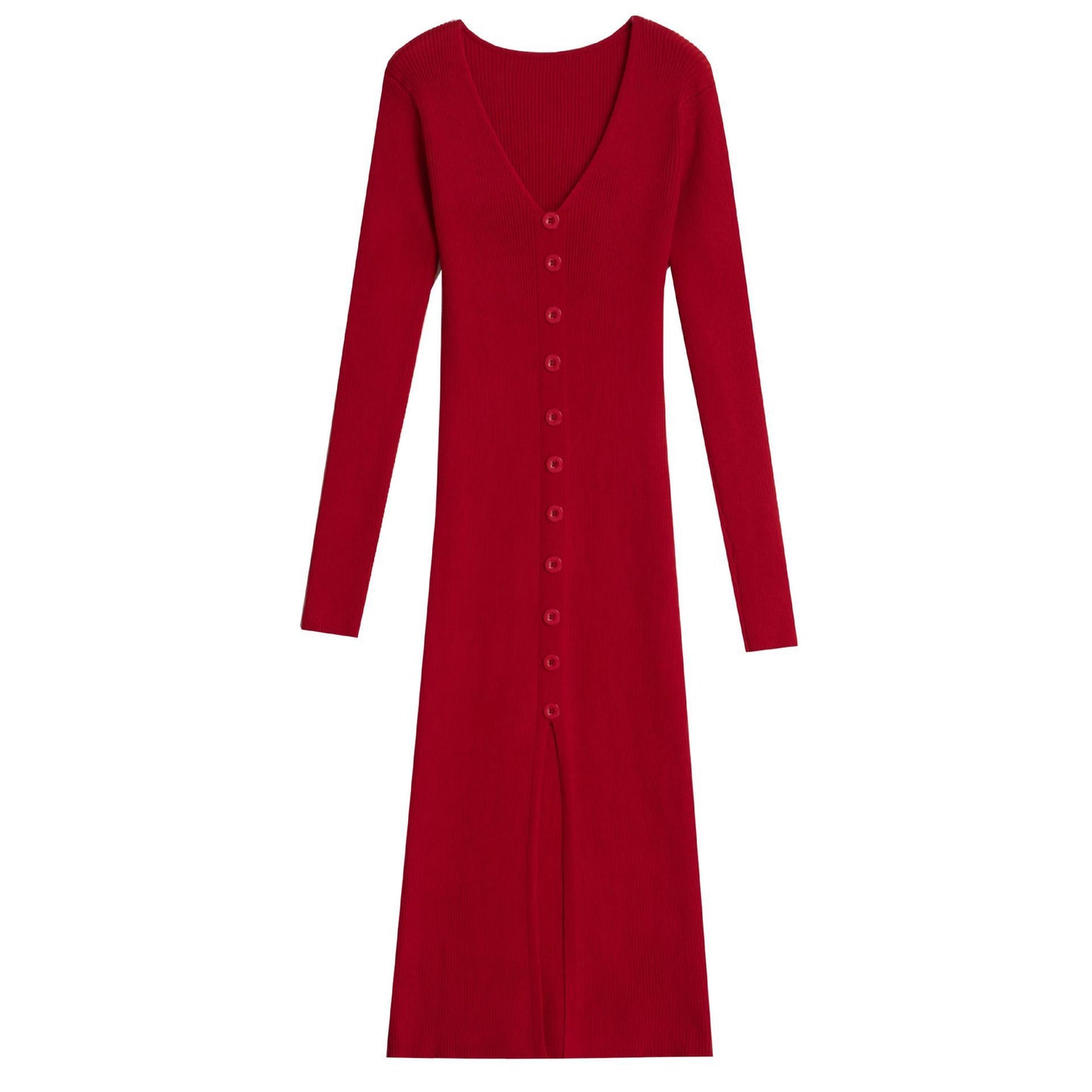 V-neck Knitted Dress Slim Slimming Temperament Single-breasted Hip-wrapped Mid-length Dress