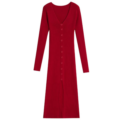 V-neck Knitted Dress Slim Slimming Temperament Single-breasted Hip-wrapped Mid-length Dress