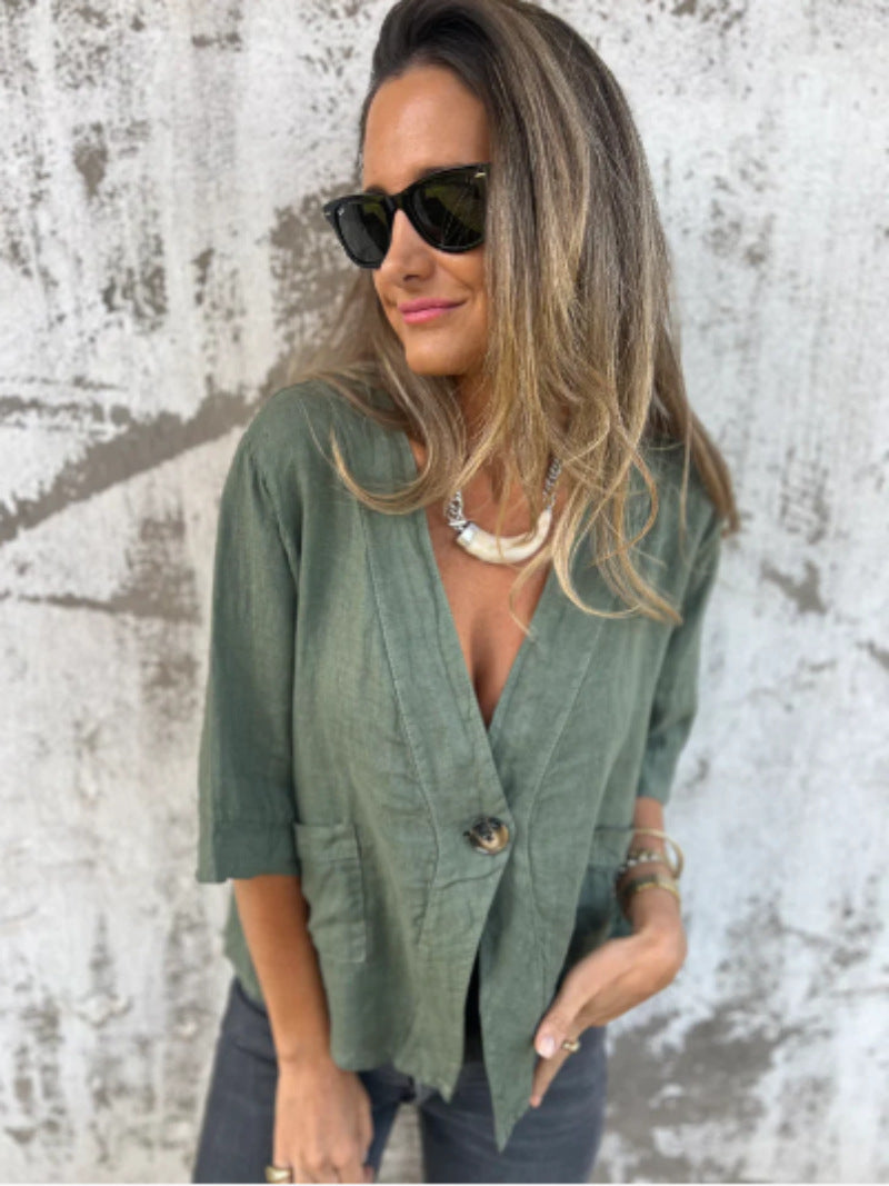 Casual Women's V-neck Cotton And Linen Solid Color ShirtT-shirt