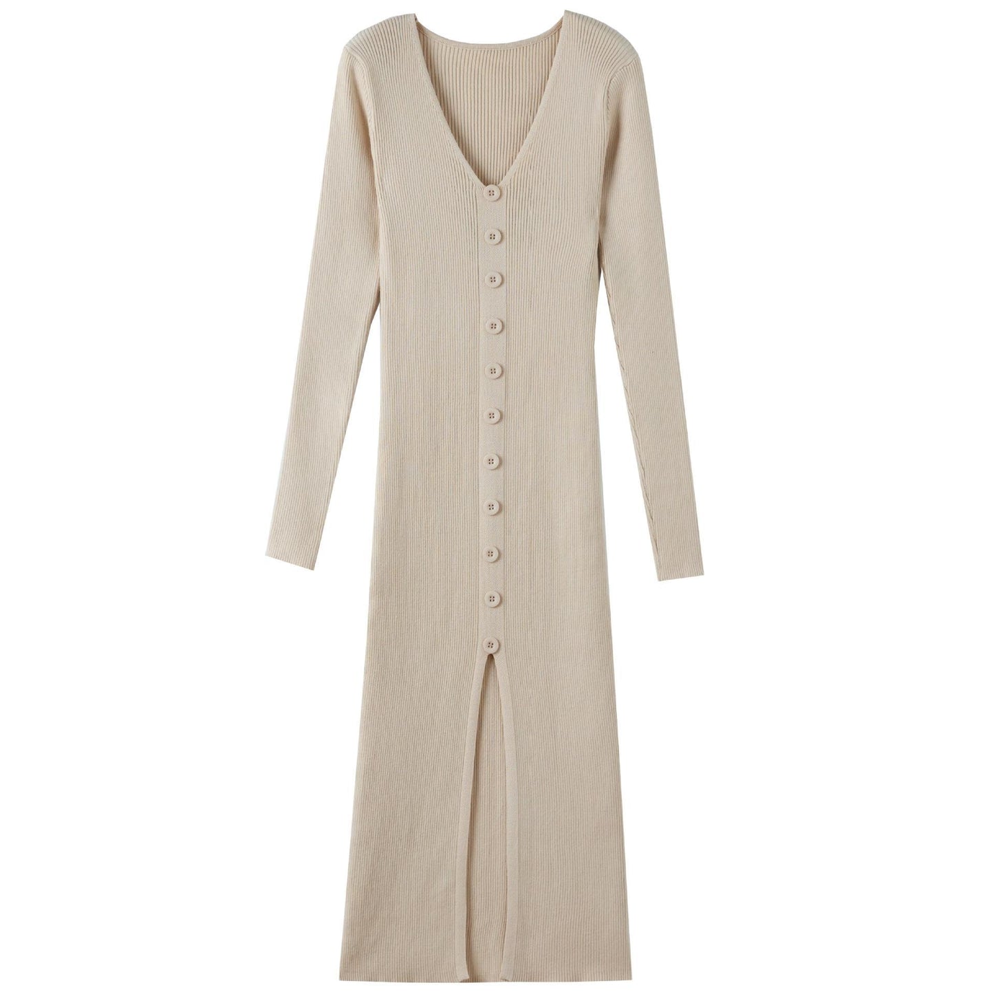 V-neck Knitted Dress Slim Slimming Temperament Single-breasted Hip-wrapped Mid-length Dress