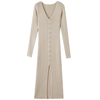 V-neck Knitted Dress Slim Slimming Temperament Single-breasted Hip-wrapped Mid-length Dress