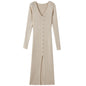 V-neck Knitted Dress Slim Slimming Temperament Single-breasted Hip-wrapped Mid-length Dress