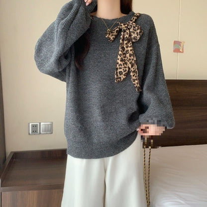 Women's American-style Vintage Leopard Print Off-shoulder Sweater