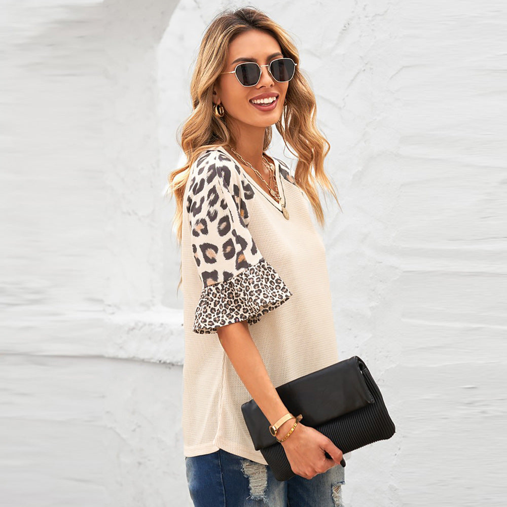 Leopard Print Stitching Five-point Sleeve Top Bottoming Shirt Small V-neck Pullover