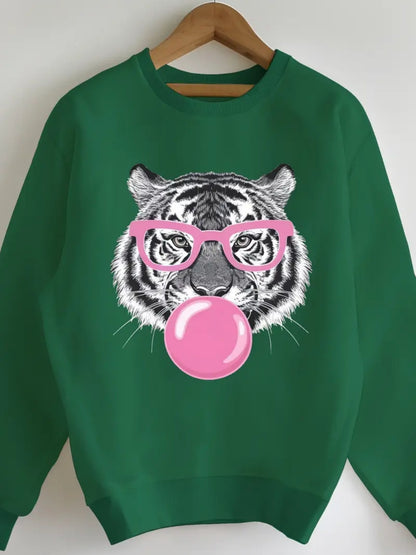 2025 New Women's Comfortable Green Tiger Bubble Gum Pattern Sports Shirt, Long Sleeve Hoodie, Perfect Choice For Autumn And Winter Fashion Women's Clothing
