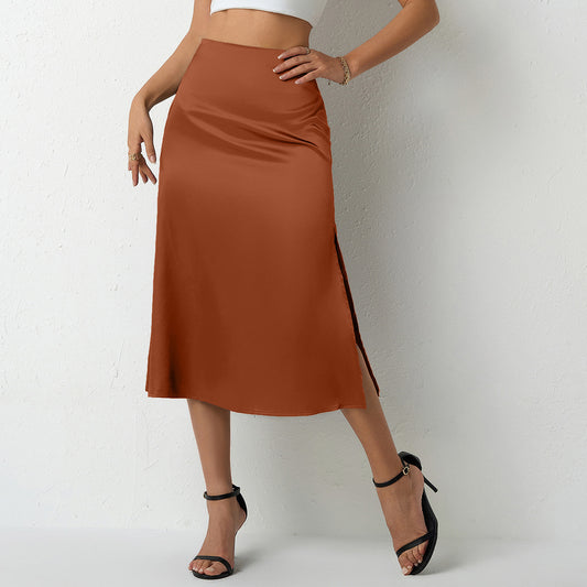 Popular Satin Midi Summer Long Slit Office Skirt